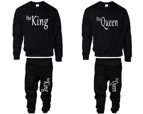 Her King and His Queen top and bottom sets. Black sweatshirt and sweatpants set for men, sweater and jogger pants for women.