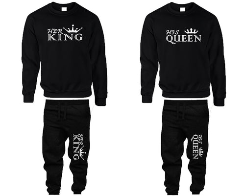 Her King and His Queen top and bottom sets. Black sweatshirt and sweatpants set for men, sweater and jogger pants for women.