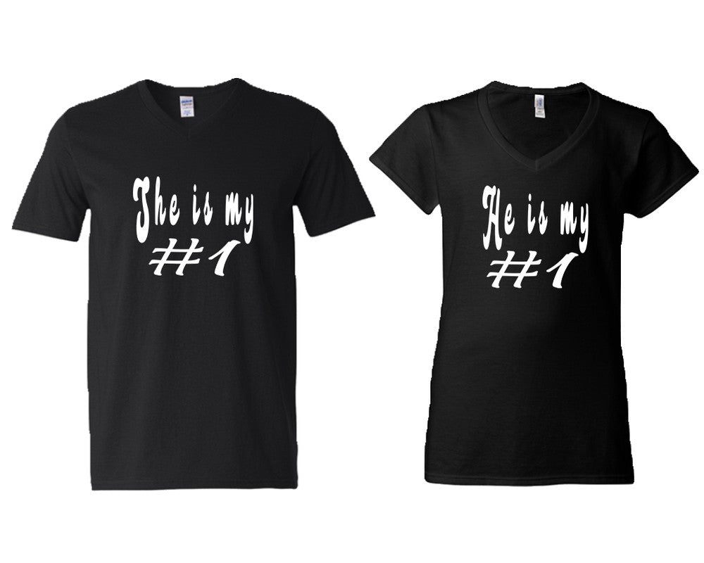 She's My Number 1 and He's My Number 1 matching couple v-neck shirts.Couple shirts, Black v neck t shirts for men, v neck t shirts women. Couple matching shirts.