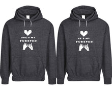 Load image into Gallery viewer, She&#39;s My Forever and He&#39;s My Forever pullover speckle hoodies, Matching couple hoodies, Black his and hers man and woman contrast raglan hoodies
