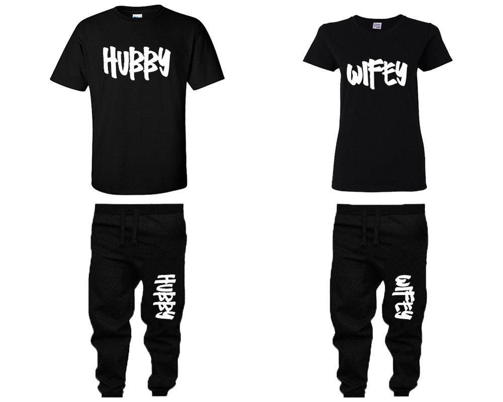 Hubby and Wifey shirts and jogger pants, matching top and bottom set, Black t shirts, men joggers, shirt and jogger pants women. Matching couple joggers