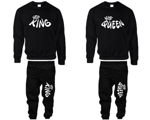 Her King and His Queen top and bottom sets. Black sweatshirt and sweatpants set for men, sweater and jogger pants for women.