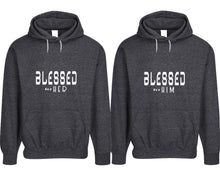 將圖片載入圖庫檢視器 Blessed for Her and Blessed for Him pullover speckle hoodies, Matching couple hoodies, Black his and hers man and woman contrast raglan hoodies
