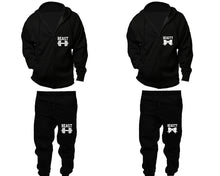 Charger l&#39;image dans la galerie, Beast and Beauty zipper hoodies, Matching couple hoodies, Black zip up hoodie for man, Black zip up hoodie womens, Black jogger pants for man and woman.
