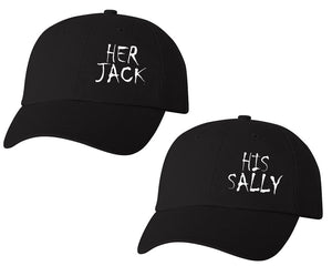 Her Jack and His Sally matching caps for couples, Black baseball caps.