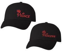 Load image into Gallery viewer, Prince and Princess matching caps for couples, Black baseball caps.Red Glitter color Vinyl Design
