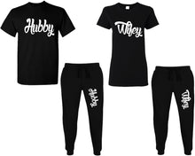 將圖片載入圖庫檢視器 Hubby and Wifey shirts and jogger pants, matching top and bottom set, Black t shirts, men joggers, shirt and jogger pants women. Matching couple joggers
