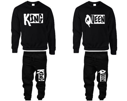 King and Queen top and bottom sets. Black sweatshirt and sweatpants set for men, sweater and jogger pants for women.