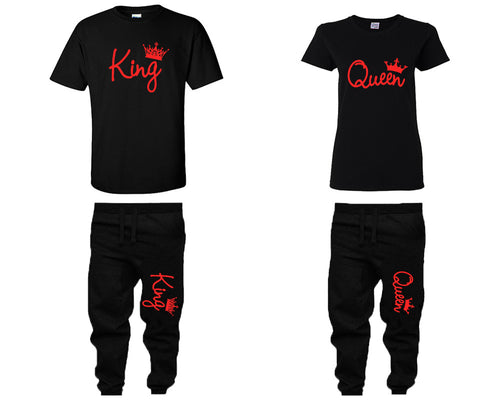 King and Queen shirts and jogger pants, matching top and bottom set, Black t shirts, men joggers, shirt and jogger pants women. Matching couple joggers