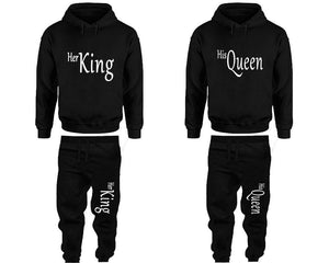 Her King and His Queen matching top and bottom set, Black pullover hoodie and sweatpants sets for mens, pullover hoodie and jogger set womens. Matching couple joggers.