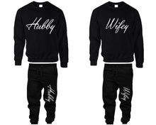 Görseli Galeri görüntüleyiciye yükleyin, Hubby and Wifey top and bottom sets. Black sweatshirt and sweatpants set for men, sweater and jogger pants for women.
