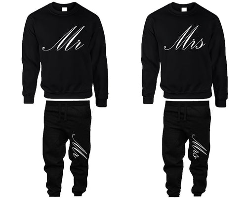 Mr and Mrs top and bottom sets. Black sweatshirt and sweatpants set for men, sweater and jogger pants for women.