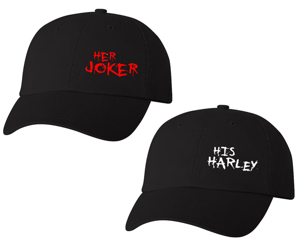 Her Joker and His Harley matching caps for couples, Black baseball caps.