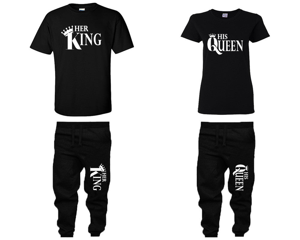 Her King and His Queen shirts and jogger pants, matching top and bottom set, Black t shirts, men joggers, shirt and jogger pants women. Matching couple joggers