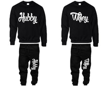 Load image into Gallery viewer, Hubby and Wifey top and bottom sets. Black sweatshirt and sweatpants set for men, sweater and jogger pants for women.
