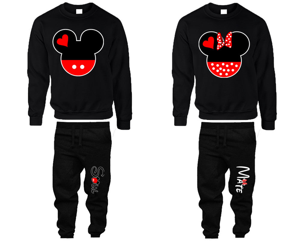 Mickey Minnie top and bottom sets. Black sweatshirt and sweatpants set for men, sweater and jogger pants for women.