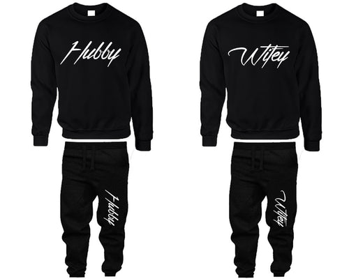 Hubby and Wifey top and bottom sets. Black sweatshirt and sweatpants set for men, sweater and jogger pants for women.