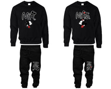 將圖片載入圖庫檢視器 Mr Mrs top and bottom sets. Black sweatshirt and sweatpants set for men, sweater and jogger pants for women.
