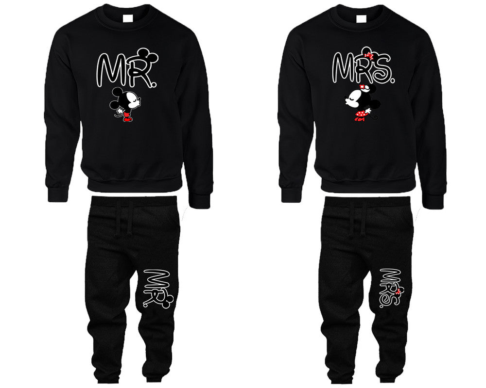 Mr Mrs top and bottom sets. Black sweatshirt and sweatpants set for men, sweater and jogger pants for women.