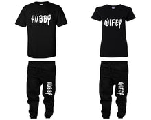 Load image into Gallery viewer, Hubby and Wifey shirts and jogger pants, matching top and bottom set, Black t shirts, men joggers, shirt and jogger pants women. Matching couple joggers
