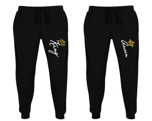 King and Queen matching jogger pants, Black sweatpants for mens, jogger set womens. Matching couple joggers.