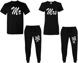Mr and Mrs shirts and jogger pants, matching top and bottom set, Black t shirts, men joggers, shirt and jogger pants women. Matching couple joggers