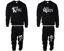 Load image into Gallery viewer, Her King and His Queen top and bottom sets. Black sweatshirt and sweatpants set for men, sweater and jogger pants for women.
