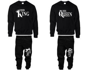 Her King and His Queen top and bottom sets. Black sweatshirt and sweatpants set for men, sweater and jogger pants for women.