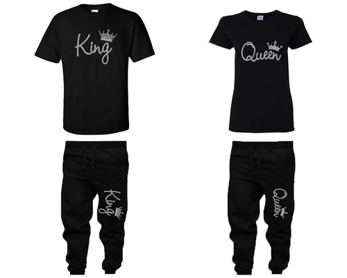 King and Queen shirts and jogger pants, matching top and bottom set, Black t shirts, men joggers, shirt and jogger pants women. Matching couple joggers