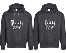 Load image into Gallery viewer, She&#39;s My Number 1 and He&#39;s My Number 1 pullover speckle hoodies, Matching couple hoodies, Black his and hers man and woman contrast raglan hoodies
