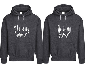 She's My Number 1 and He's My Number 1 pullover speckle hoodies, Matching couple hoodies, Black his and hers man and woman contrast raglan hoodies