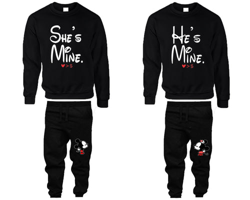 She's Mine He's Mine top and bottom sets. Black sweatshirt and sweatpants set for men, sweater and jogger pants for women.