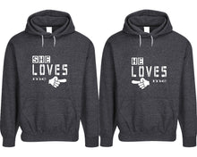 Load image into Gallery viewer, She Loves Me and He Loves Me pullover speckle hoodies, Matching couple hoodies, Black his and hers man and woman contrast raglan hoodies

