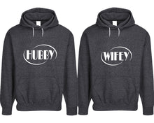 Cargar imagen en el visor de la galería, Hubby and Wifey pullover speckle hoodies, Matching couple hoodies, Black his and hers man and woman contrast raglan hoodies
