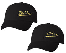 Load image into Gallery viewer, Hubby and Wifey matching caps for couples, Black baseball caps.Gold Foil color Vinyl Design
