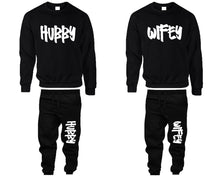 이미지를 갤러리 뷰어에 로드 , Hubby and Wifey top and bottom sets. Black sweatshirt and sweatpants set for men, sweater and jogger pants for women.
