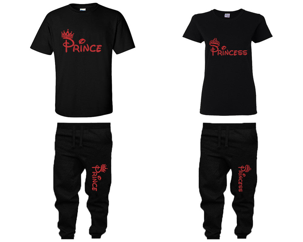 Prince and Princess shirts and jogger pants, matching top and bottom set, Black t shirts, men joggers, shirt and jogger pants women. Matching couple joggers