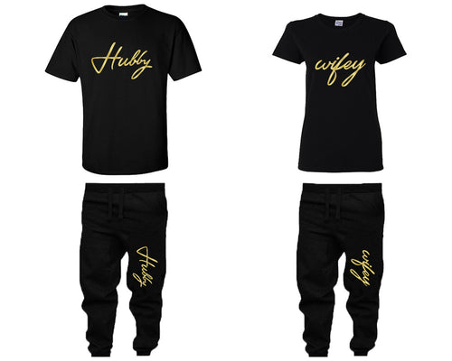 Hubby and Wifey shirts and jogger pants, matching top and bottom set, Black t shirts, men joggers, shirt and jogger pants women. Matching couple joggers