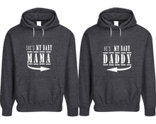 Load image into Gallery viewer, She&#39;s My Baby Mama and He&#39;s My Baby Daddy pullover speckle hoodies, Matching couple hoodies, Black his and hers man and woman contrast raglan hoodies
