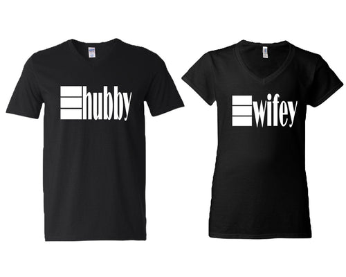 Hubby and Wifey matching couple v-neck shirts.Couple shirts, Black v neck t shirts for men, v neck t shirts women. Couple matching shirts.