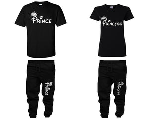 Prince Princess shirts, matching top and bottom set, Black t shirts, men joggers, shirt and jogger pants women. Matching couple joggers