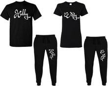 Load image into Gallery viewer, Hubby and Wifey shirts and jogger pants, matching top and bottom set, Black t shirts, men joggers, shirt and jogger pants women. Matching couple joggers
