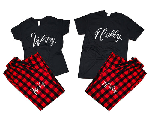 Hubby and Wifey matching couple top bottom sets.Couple shirts, Buffalo Red_Black flannel pants for men, flannel pants for women. Couple matching shirts.