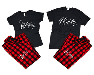 Hubby and Wifey matching couple top bottom sets.Couple shirts, Buffalo Red_Black flannel pants for men, flannel pants for women. Couple matching shirts.