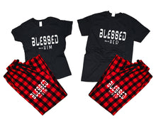 Load image into Gallery viewer, Blessed for Her and Blessed for Him matching couple top bottom sets.Couple shirts, Buffalo Red_Black flannel pants for men, flannel pants for women. Couple matching shirts.
