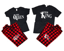 Load image into Gallery viewer, Her King and His Queen matching couple top bottom sets.Couple shirts, Buffalo Red_Black flannel pants for men, flannel pants for women. Couple matching shirts.
