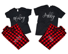 Load image into Gallery viewer, Hubby and Wifey matching couple top bottom sets.Couple shirts, Buffalo Red_Black flannel pants for men, flannel pants for women. Couple matching shirts.
