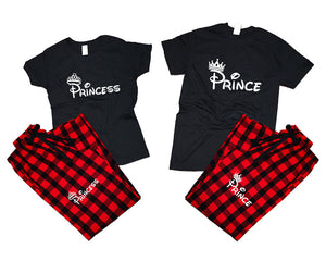 Prince and Princess matching couple top bottom sets.Couple shirts, Buffalo Red_Black flannel pants for men, flannel pants for women. Couple matching shirts.