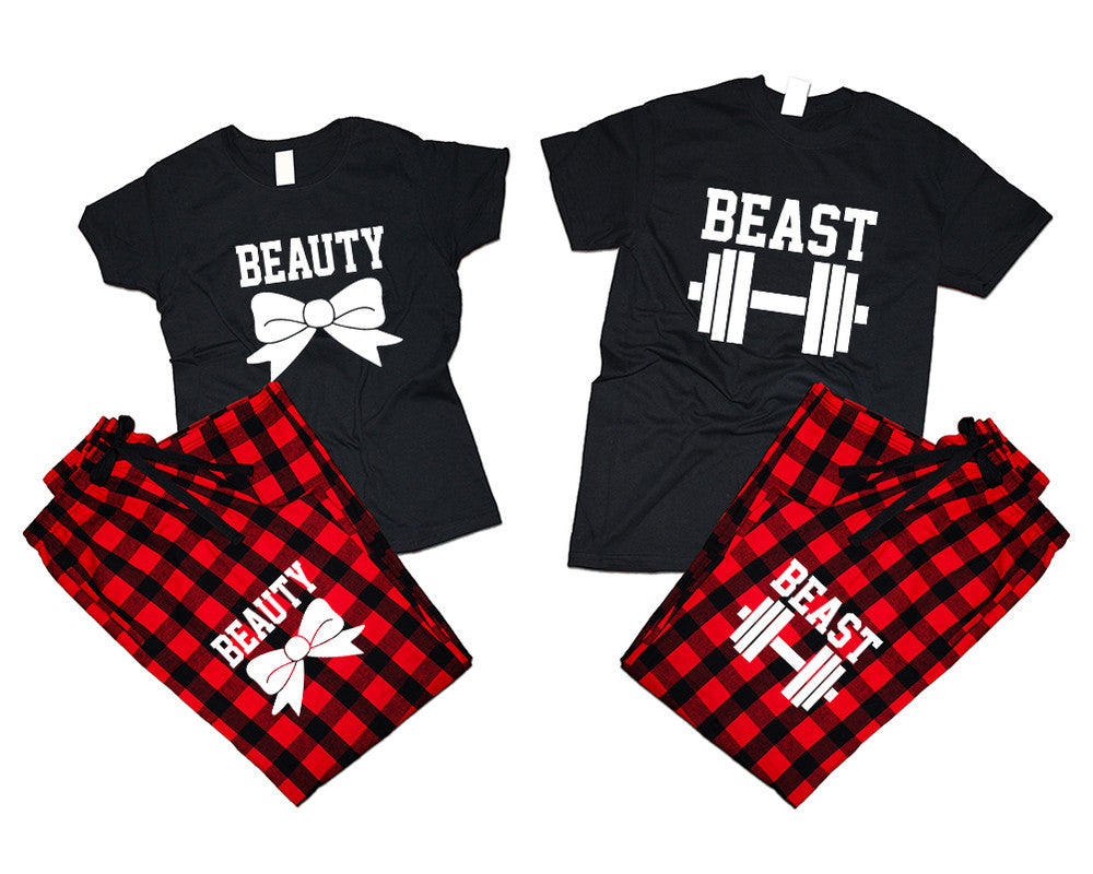 Beast and Beauty matching couple top bottom sets.Couple shirts, Buffalo Red_Black flannel pants for men, flannel pants for women. Couple matching shirts.