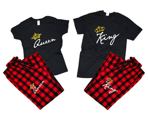 King and Queen matching couple top bottom sets.Couple shirts, Buffalo Red_Black flannel pants for men, flannel pants for women. Couple matching shirts.